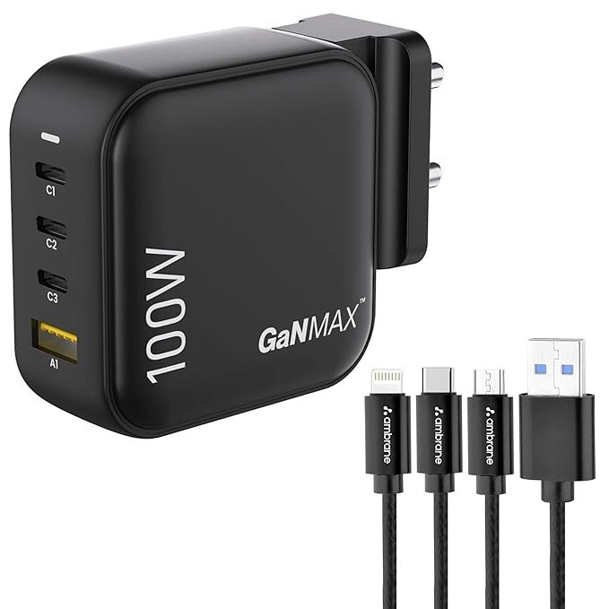 Ambrane 100W GaN 4-Port Charger Adapter + 3-in-1 Cable